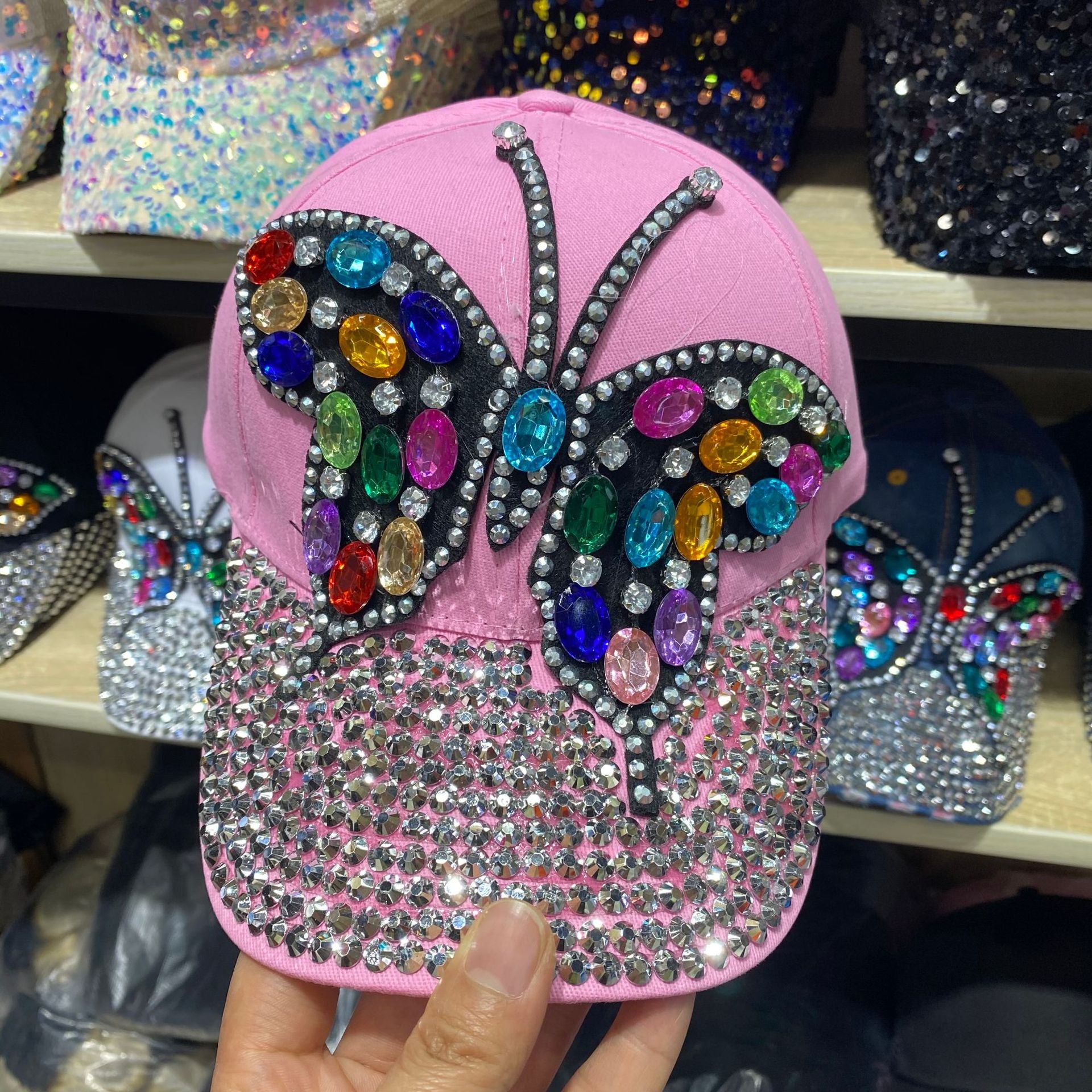 Wholesale Colored Diamond Butterfly Denim Cotton Baseball Caps